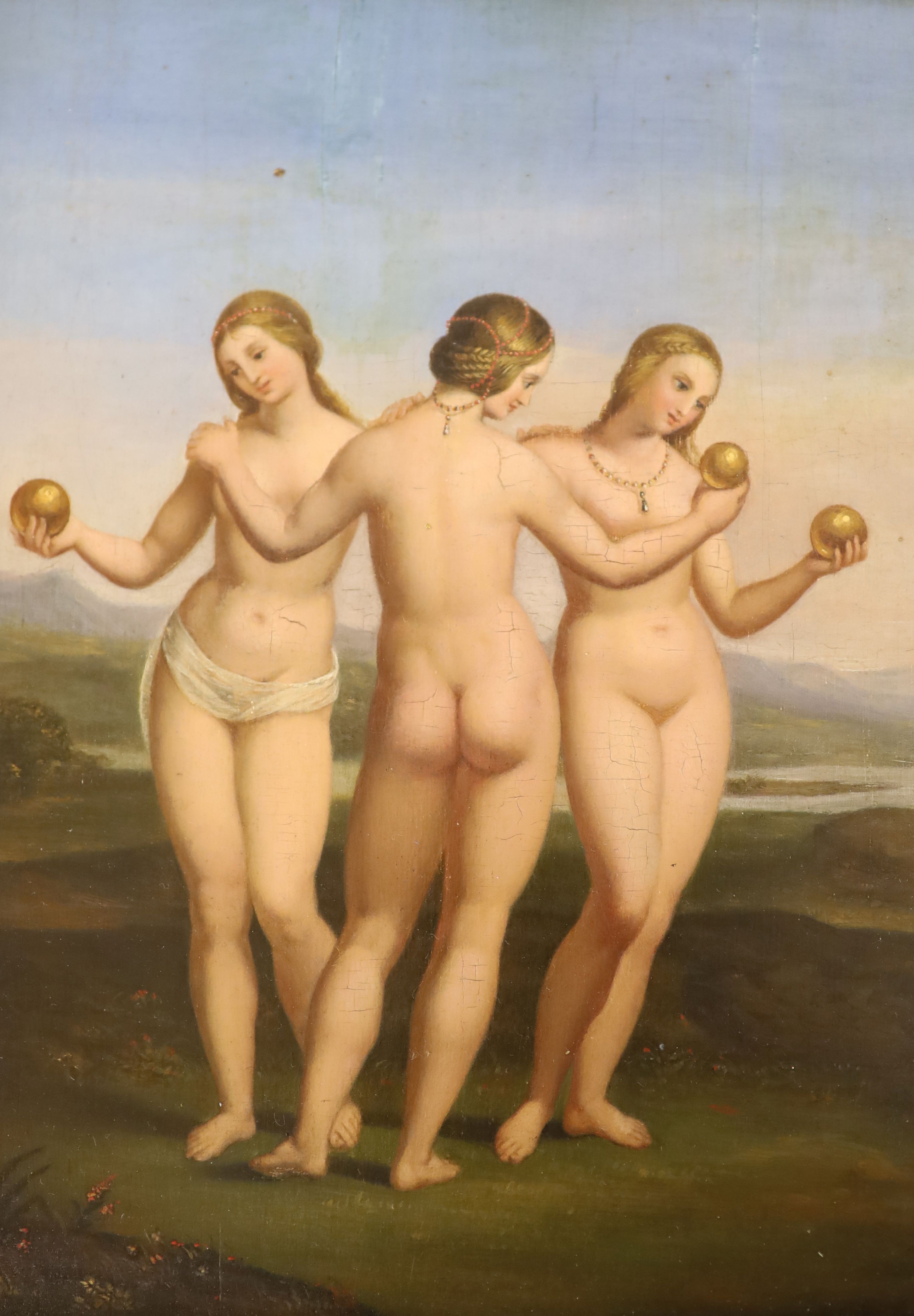 After Raphael, oil on wooden panel, The Three Graces, 23.5 x 18cm